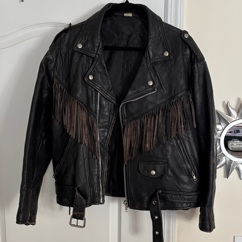 Made in France Men’s Black Leather Fringe Silver zip Coat-XL-VINTAGE